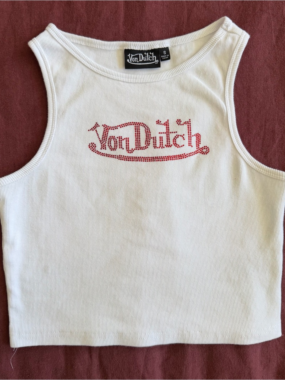 Von Dutch White Ribbed Tank with Red Rhinestone Logo - Picture 2 of 4